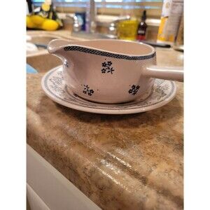 Laura Ashley "Petite Fleur" blue Rare Gravy Boat w/underplate 1976